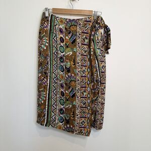 Lasserre Paris Wrap Skirt Women Size 42 Brown Tribal Aztec Artsy Fish Geometric